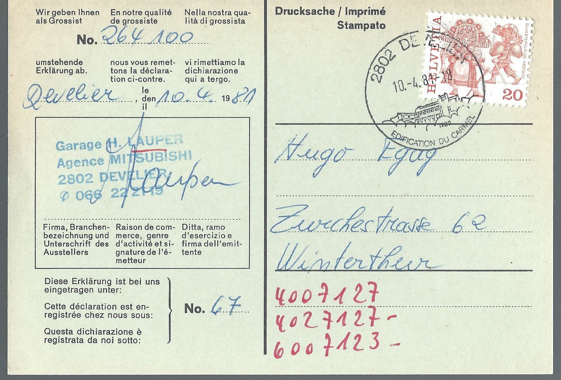 Tutti i francobolli: 20 cts sur carte Develier 1981 – Usato da Montenol venduto da Vernier2