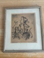 Zeichnung Kinder mit Vogel Orig Rolf Kühn 1947 gerahmt