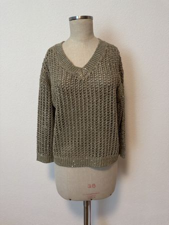 Glitzer Pullover Gr. M 38 Khaki Glanz Perlen Strass Strick S