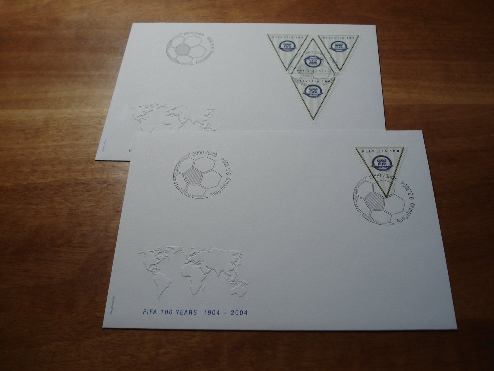 Alle Briefmarken: FIFA-Wimpel 2004, FDC Einzel + 4erblock – Gebraucht aus Niederwil AG von morostahu 1