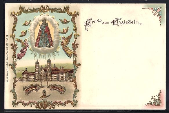 Cartoline postali: Präge-AK Einsiedeln, Kloster mit Madonn – Usato da Berlin venduto da bartko-reher