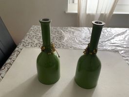 2er Set Kerzenständer aus Glas, Grün, Herbstdeko, Neuwertig