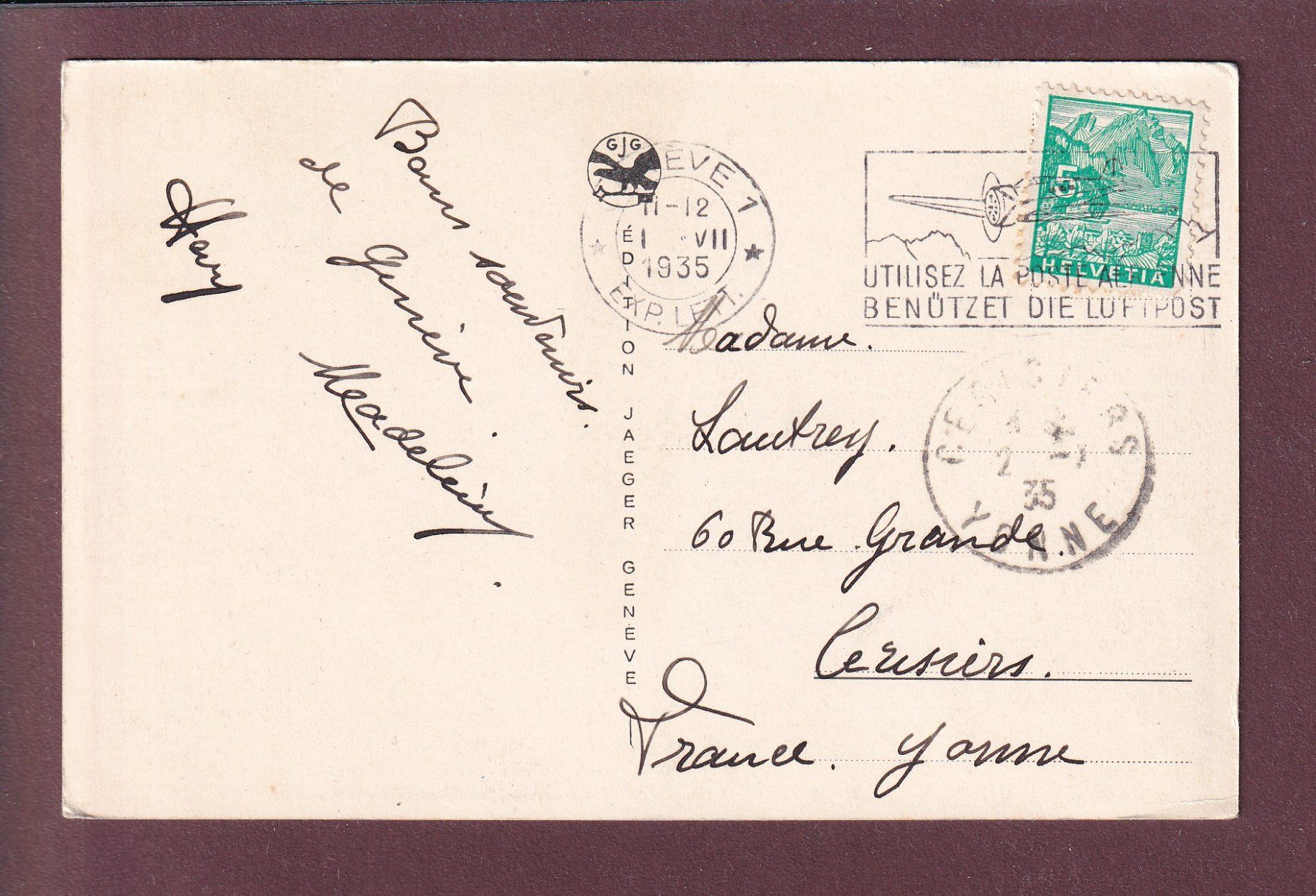 Cartoline postali: GENEVE vu de Cologny - 1935 – Usato da Pully venduto da nicecards 1