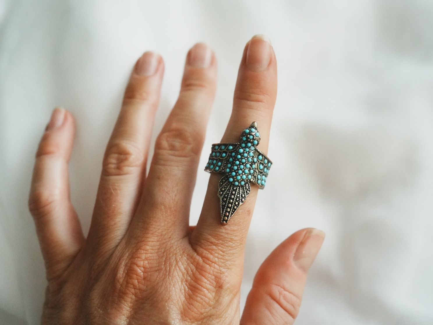 Ringe: Statement Ring Vogel Türkisoptik silberfarben Vintage – Gebraucht aus Volketswil von HeredisAntiques 3