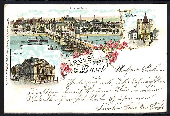 Cartoline postali: Litho Basel, Kleinbasel mit Theater und  – Usato da Berlin venduto da bartko-reher