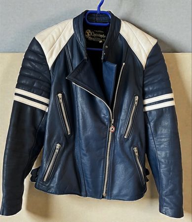 Vintage St. Christophe Cuir Leder Motorradjacke Blau