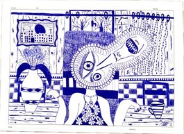 in cucina, Orig. Zeichnung 24 x 33 cm, Art Brut, C. Steffen
