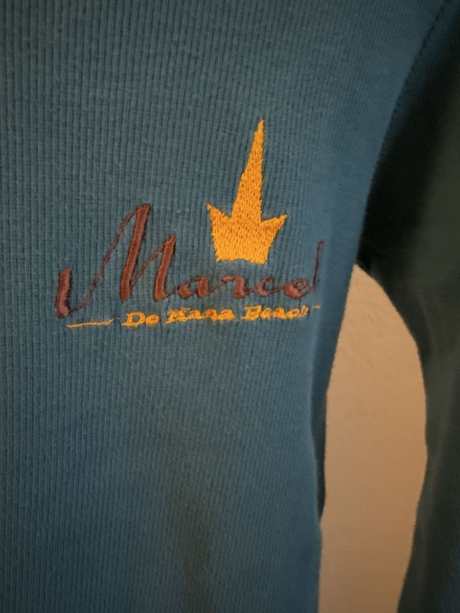 T-shirt: T-shirt/pull vintage bleu canard patch épaule Marcel, t.36/S – Usato da Tavannes venduto da Thriftshop 1
