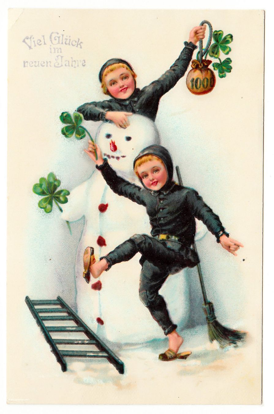 Cartoline postali: AK - Ansichtskarte - 2 kleine Chämifäger mit Schneemann – Usato da Zürich venduto da Adebar0
