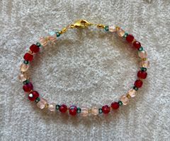 Handmade floreal bracelet red, white, green, gold, 19,5 cm