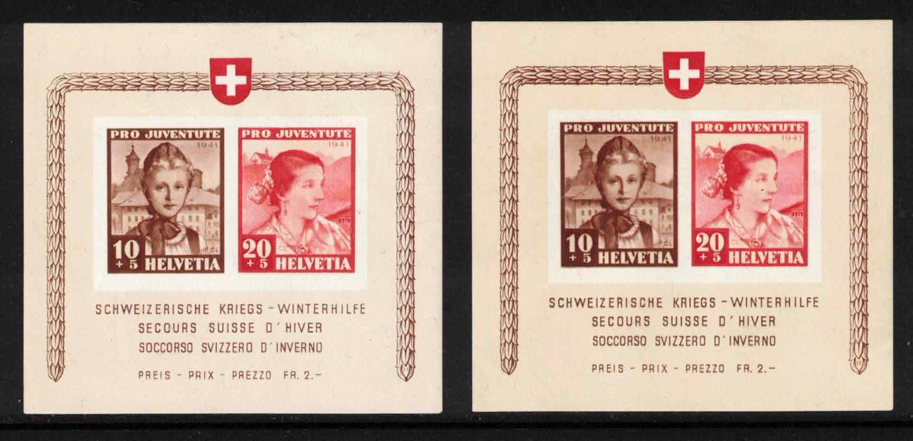 Alle Briefmarken: 2 Pro Juventute Blocks 1941 "hell - dunkel" postfrisch ** – Neu (gemäss Beschreibung) aus Nuglar von Stamp88