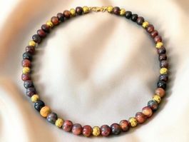 Unikat 💎 Neue Halskette Fancy-Jaspis Perlen, Goldene Lava