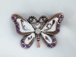 Vintage Brosche Schmetterling Emaille lila Strass kupfer