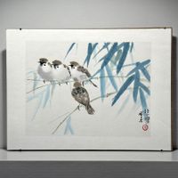Peinture de moineaux à l'encre de Chine sur papier. Signée