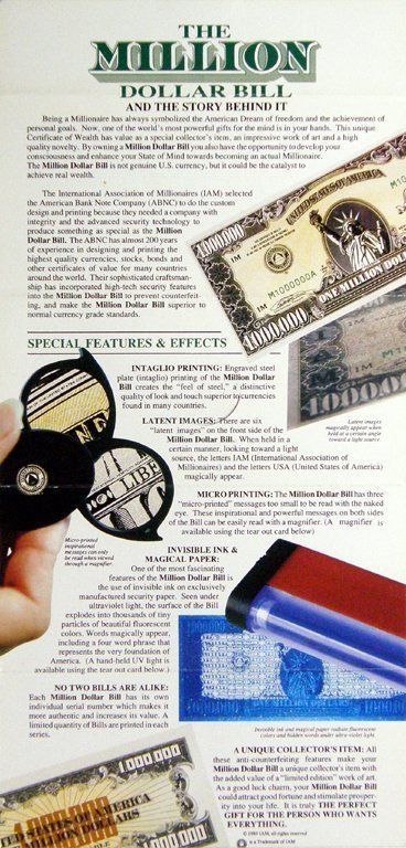 Banknoten: original 1 MILLION DOLLAR BILL 1988 – Neu und originalverpackt aus Lohn-Ammannsegg von  5