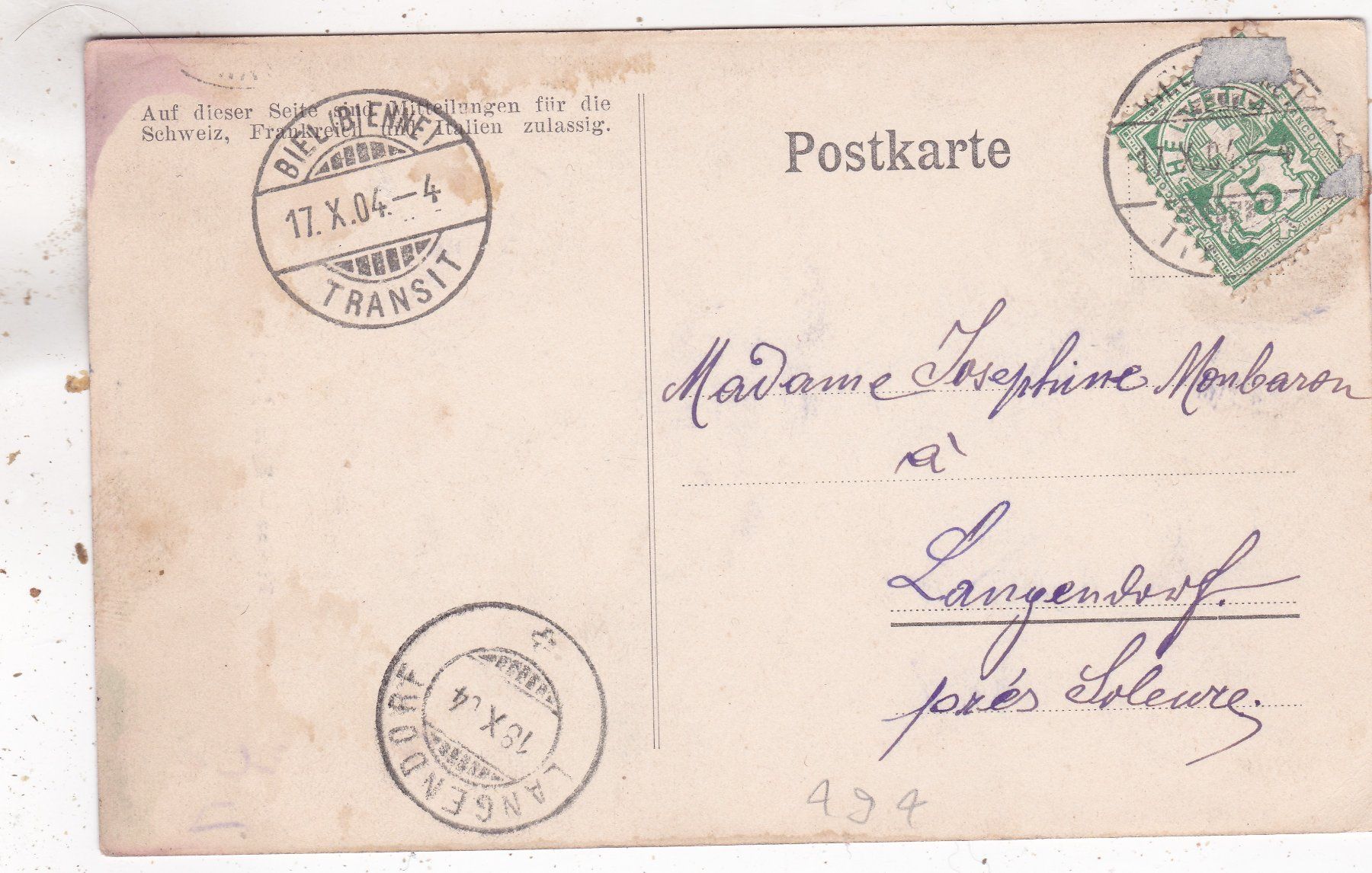 Cartoline postali: Bienne Biel Eglise francaise 1904 – Difettoso da Herisau venduto da Lisegrat2008 1