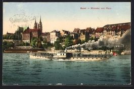 Basel, Raddampfer vor der Stadt mit rauc