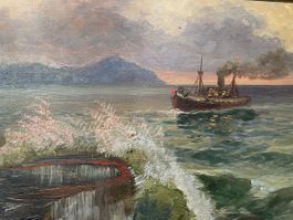 Ölgemälde Hafen mit Leuchtturm und Schiffen signiert 60x90cm