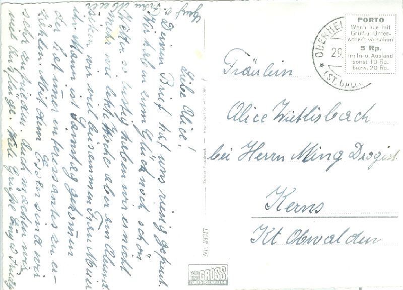 Cartoline postali: Oberhelfenschwil Toggenburg + ca. 1945 – Usato da Emmenbrücke venduto da teestube 1