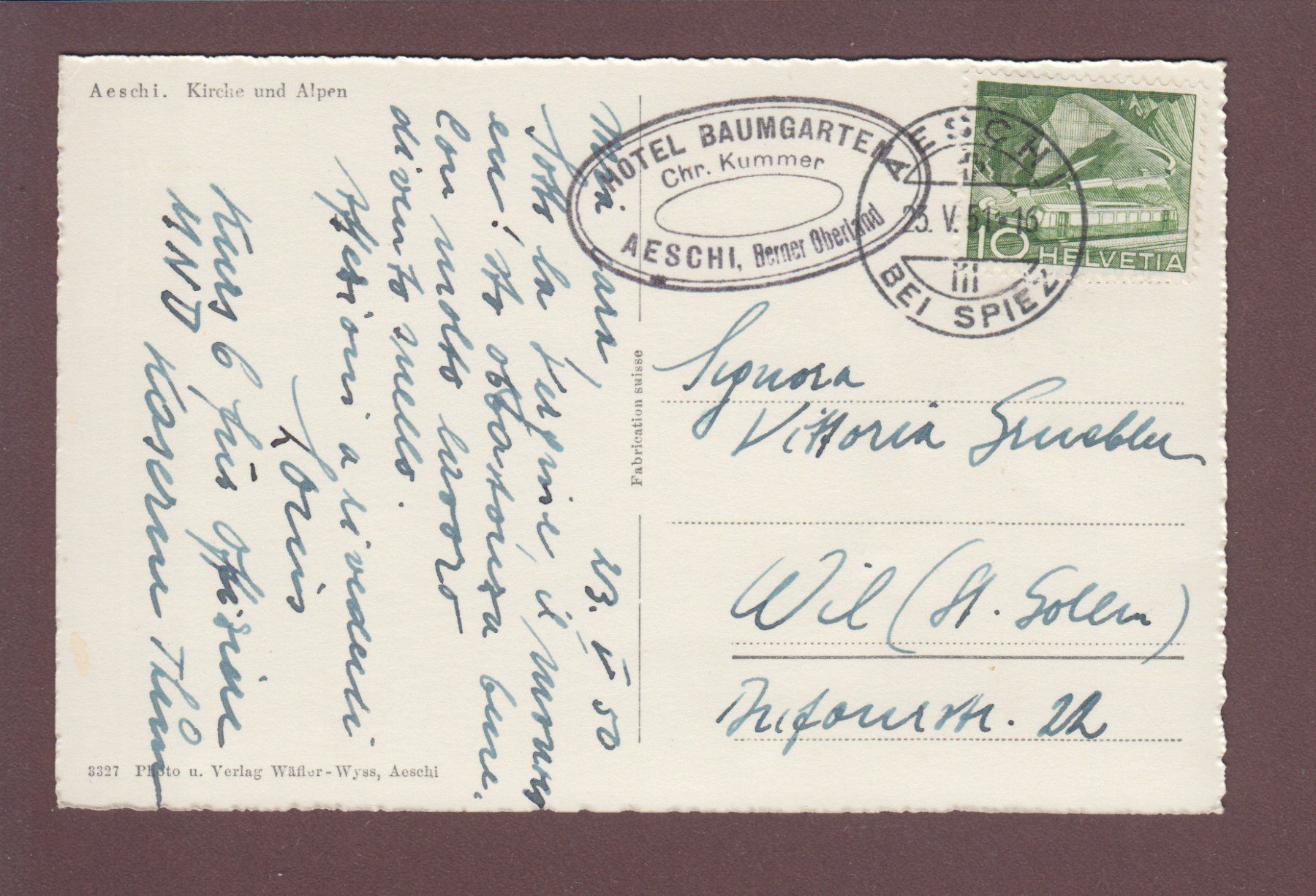 Cartoline postali: AESCHI - Kirche - Leute - 1950 Hotel Stempel – Usato da Pully venduto da nicecards 1