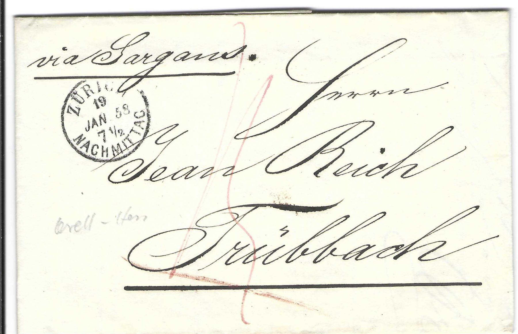 Tutti i francobolli: Faltbrief Zürich - Trübbach 1858 – Usato da Wildhaus venduto da Brunphil