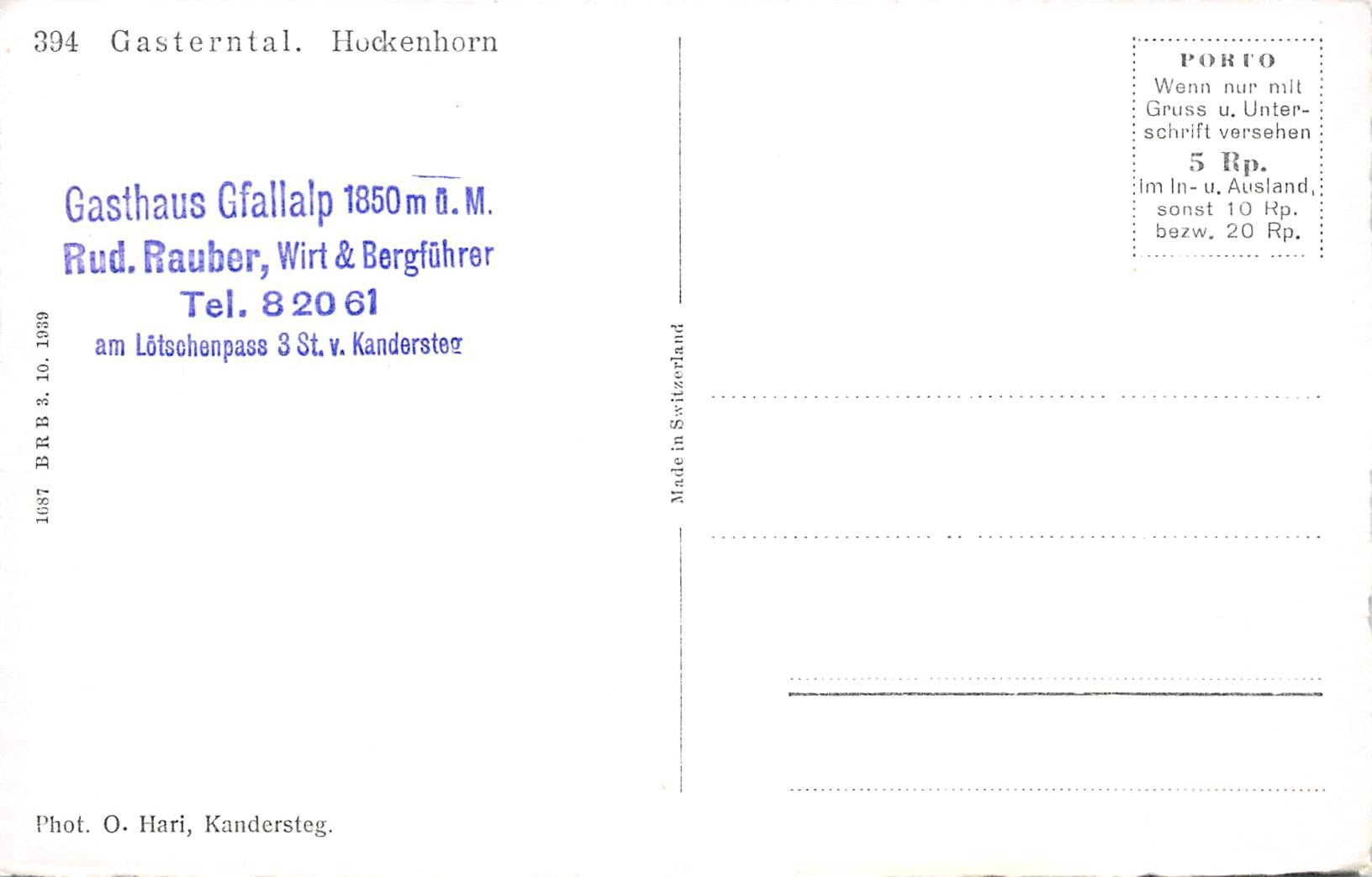 Cartoline postali: Gasterntal, Hockenhorn, Gfallalp – Usato da Ottikon b.Kemptth. venduto da Neptun1974 1