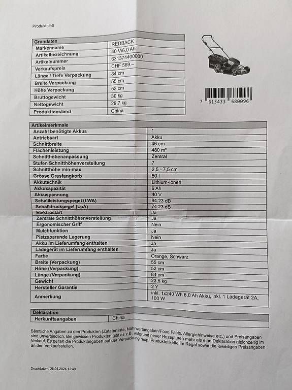 Migros Tagliaerba: Redback Akku Rasenmäher 40V, neu orignalverpackt – Nuovo e nell'imballaggio originale da Glattfelden venduto da Glattfelden88 1