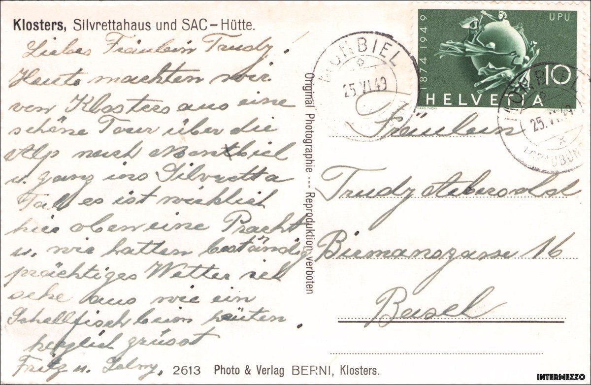 Cartoline postali: Klosters GR // Silvretta Haus 1949 – Usato da Basel venduto da intermezzo12 1