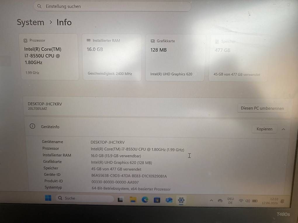 Notebook: Lenovo ThinkPad T480s | 16GB RAM | 477GB SSD / Top Zustand – Usato da Zürich venduto da ER- 4