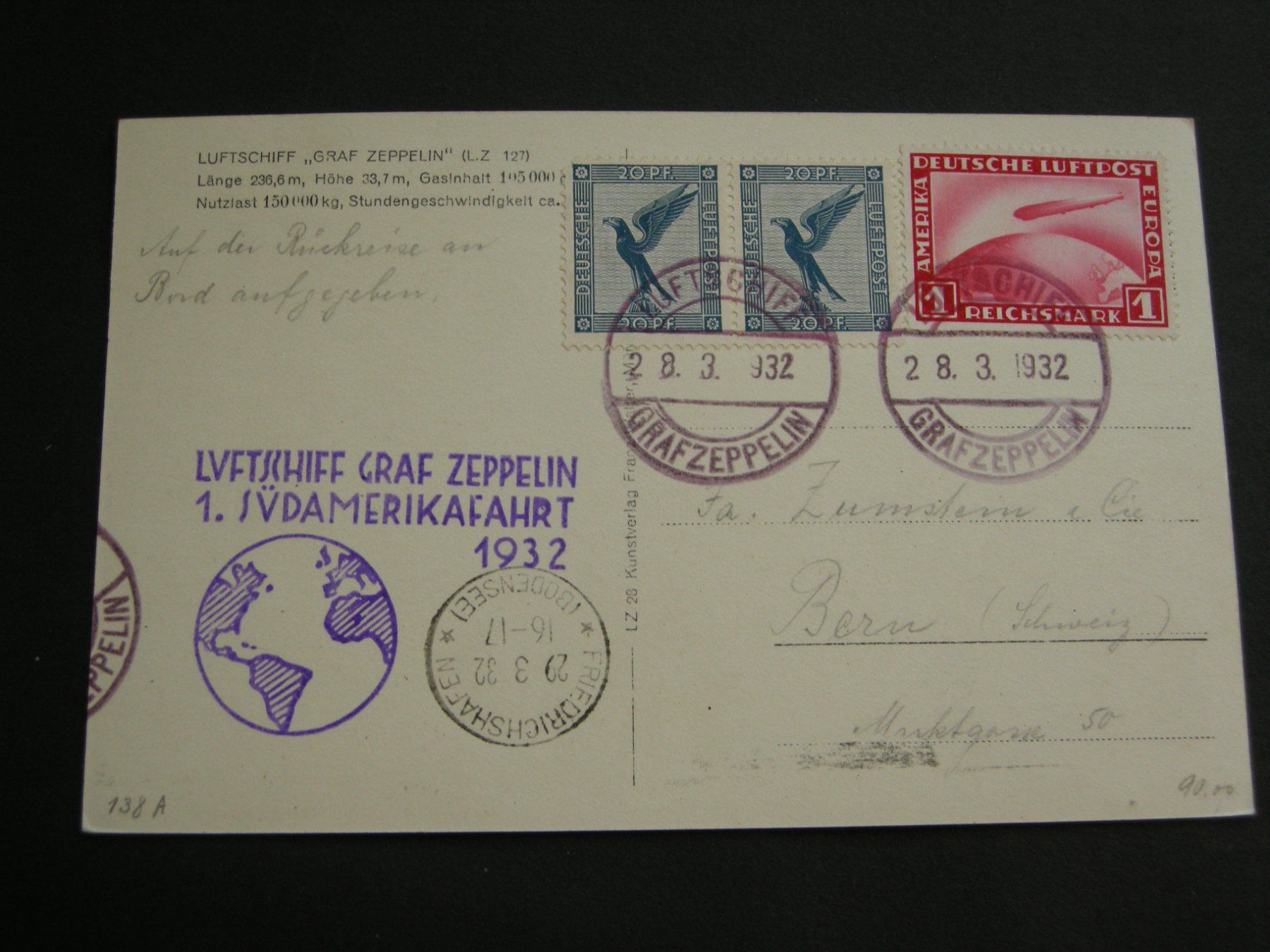 Tutti i francobolli: 28.3.1932. DEUTSCHE LUFTPOST LUFTSCHIFF ZEPPELIN, ZUMSTEIN – Usato da Eschenbach SG venduto da eDaisy