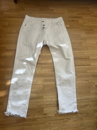 Please, jeans 5 poche, blanc cassé, frange au bas, t29