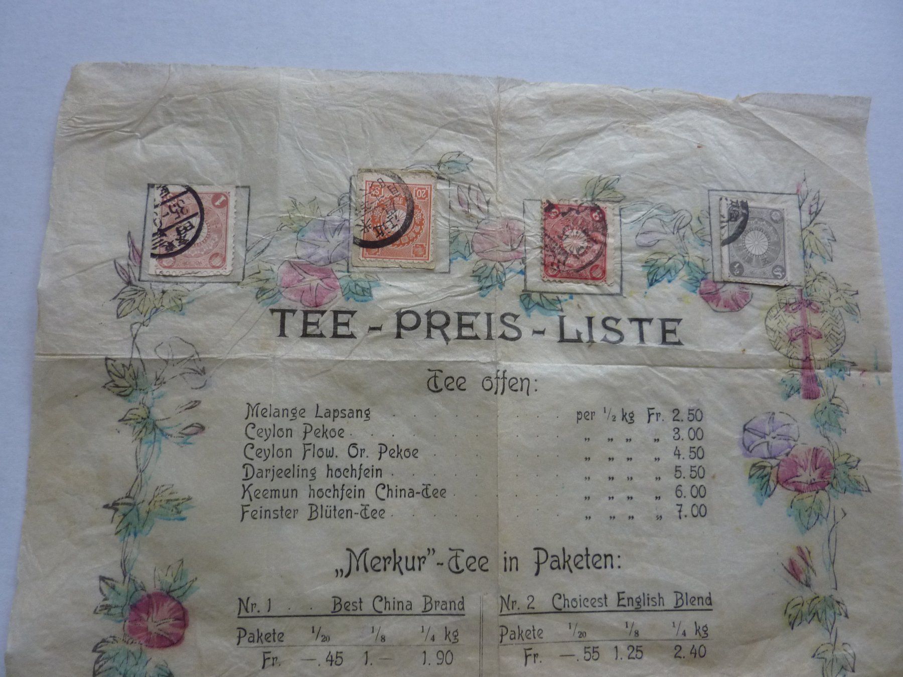 Tutti i francobolli: Alte chinesische Tee-Preisliste,  Fr. 5.-- – Usato da Zürich venduto da Aetna14 1