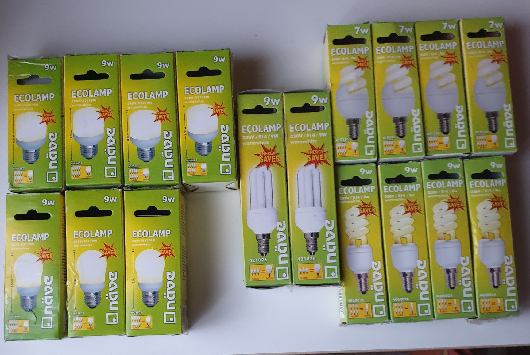 Lampen: Sparlampen/Birnen 17 Stück - E27 + E14 - 9W + 7W – Neu und originalverpackt aus Othmarsingen von topolino.schweiz