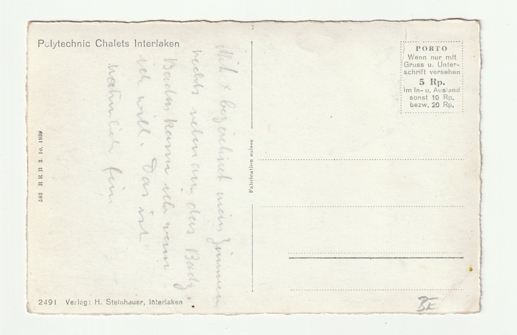 Cartoline postali: Ansichtskarte Polytechnic Chalets Interlaken 1939 Gelaufen – Usato da St. Gallen venduto da Ricardo_Deals 1