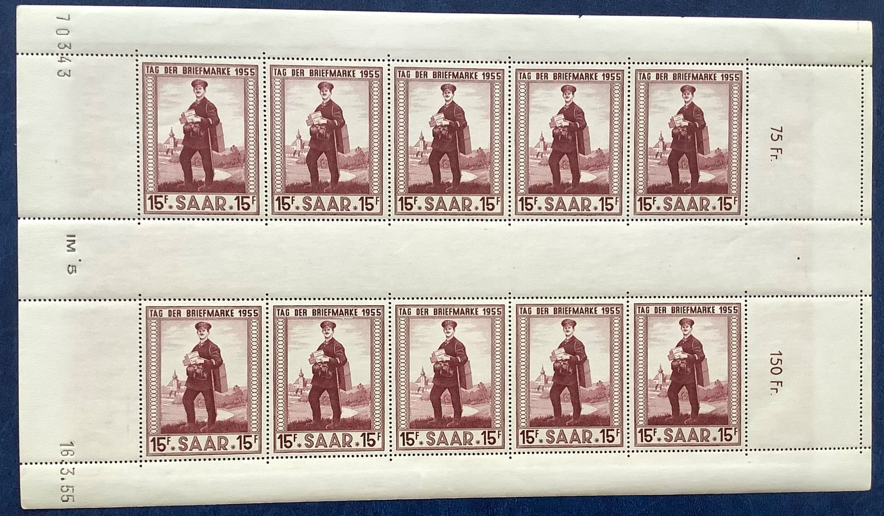 Tutti i francobolli: 1955 Saarland Tag der Briefmarken Bogen Postfrisch – Nuovo (secondo la descrizione) da Liestal venduto da Pep3