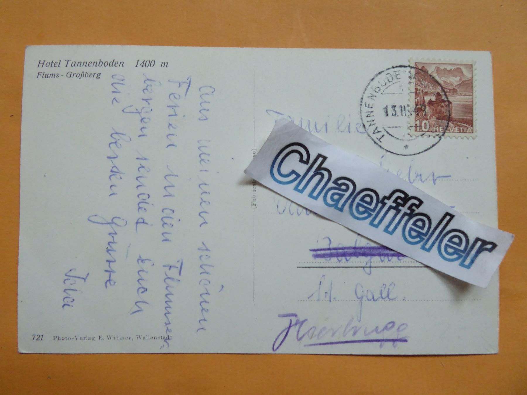 Cartoline postali: Hotel Tannenboden, Flums - Grossberg – Usato da Zürich venduto da Chaeffeler 1