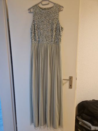 Abendkleid grau/blau mit Pailletten Tüllrock