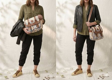 Schöne Schultertasche aus 100 % Baumwolle mit Lederriemen.