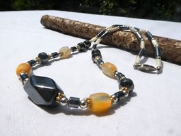 Vintage Kette, Hämatit und Perlmutt, 60er Jahre, 54cm