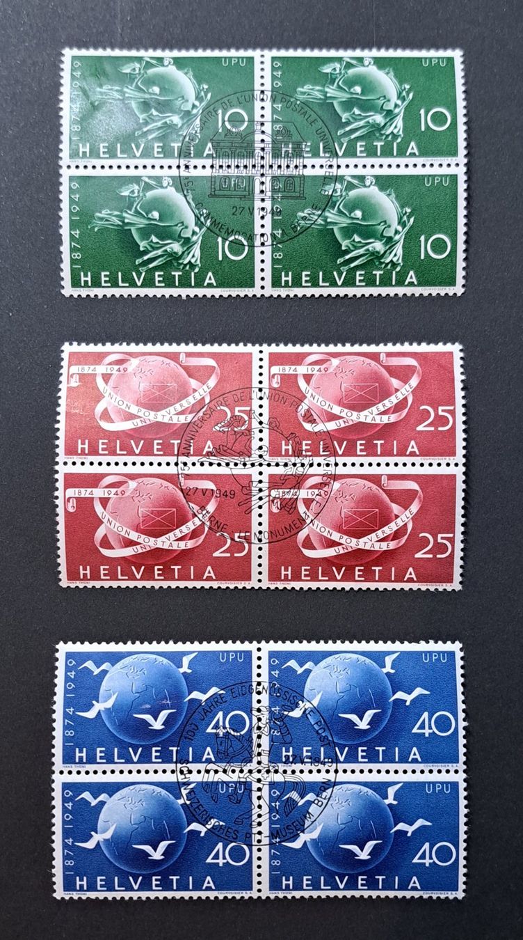 Alle Briefmarken: 1949 UPU Viererblock Satz mit Sonderstempel – Gebraucht aus Unterägeri von PhilatelieStudiger