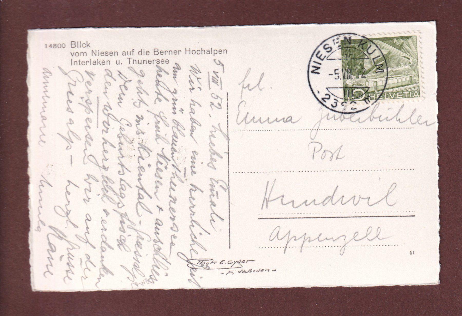 Cartoline postali: Blick vom NIESEN - Interlaken - Thunersee - 1952 – Usato da Pully venduto da nicecards 1