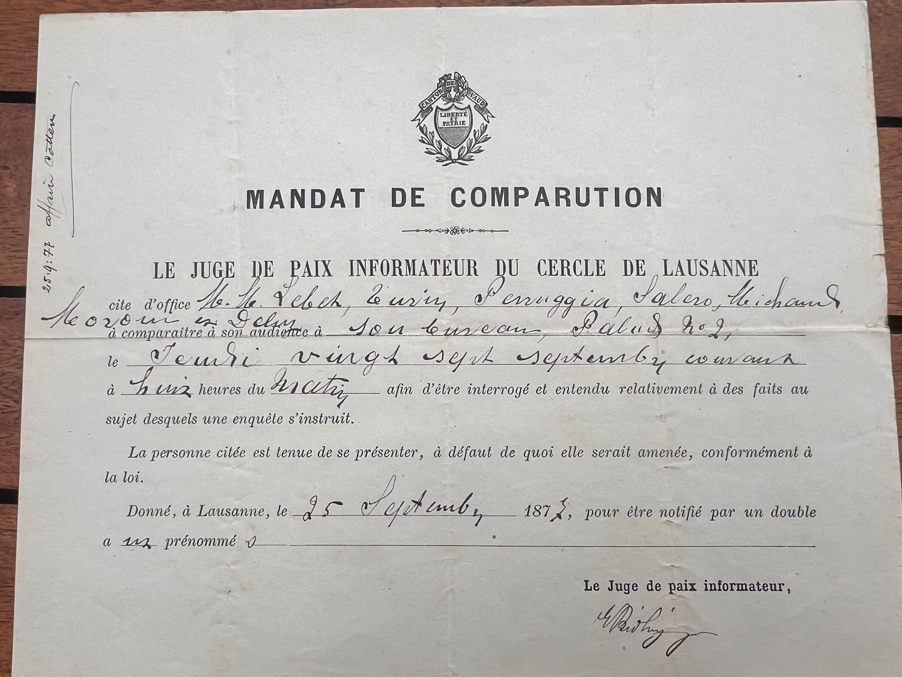 Documenti: Document officiel Lausanne Mandat de comparution 1877 – Usato da Savigny venduto da ron_q529 3
