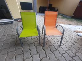 2 Kinder Gartenstühle Outdoor, Stoff Metall Orange und Grün