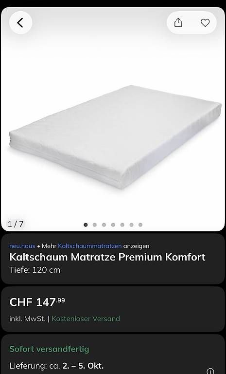 Materassi: Matratze 120x 200cm – Nuovo e nell'imballaggio originale da Niederhasli venduto da des_f82m