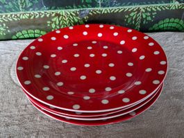 4 schöne, Vintage Essteller rot mit Punkten aus Porzellan