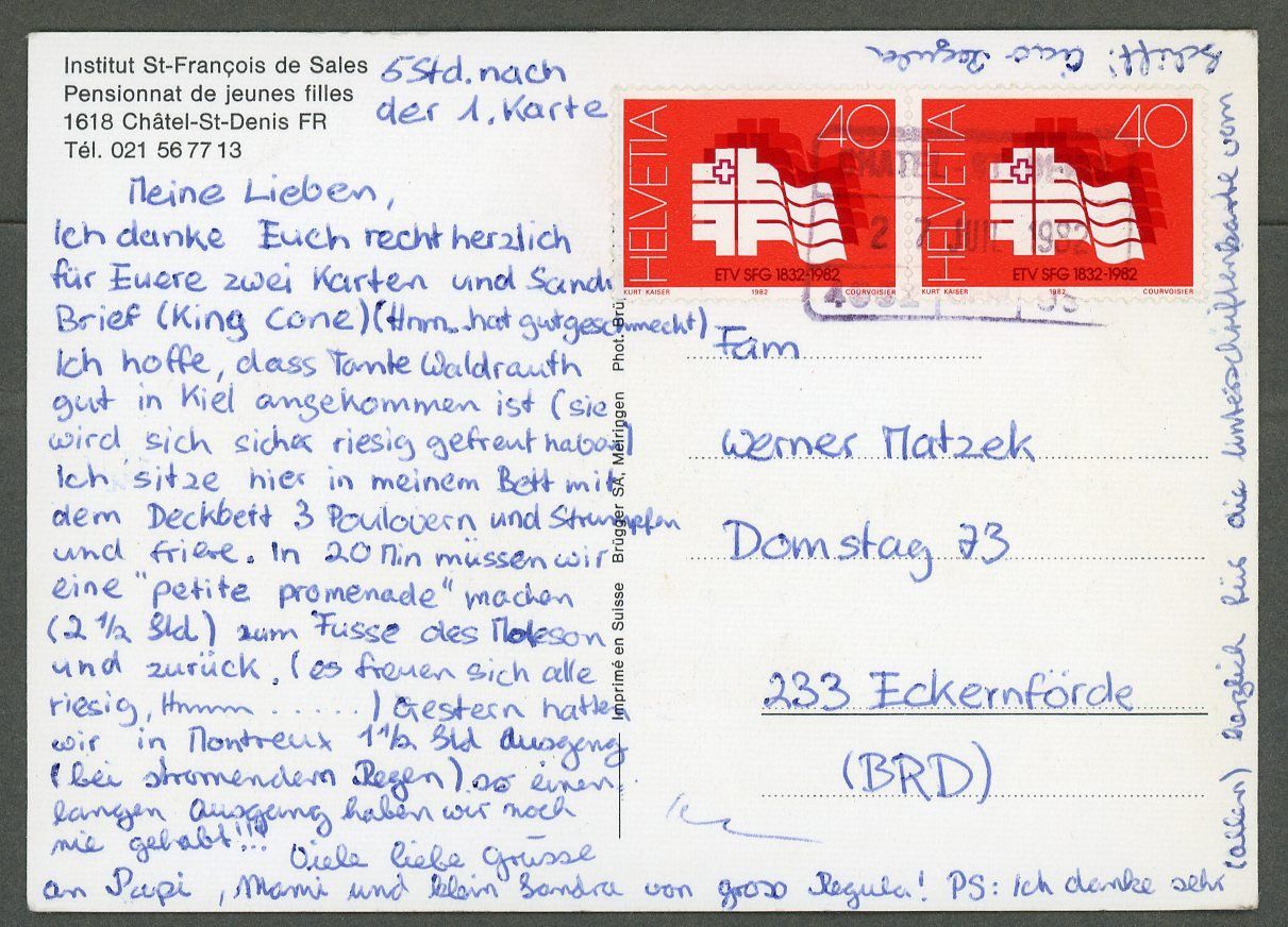 Cartoline postali: AK col Châtel-St-Denis FR Mädchenpensionat ≈ 1982  – Usato da Basel venduto da Arkouda 1