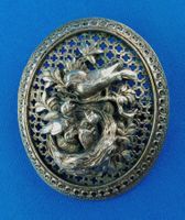 Trauerschmuck Trachtenschmuck Vögel Vogelnest Brosche Antik