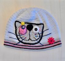 Kappe weiss mit Katze, Handarbeit, Einzelstück