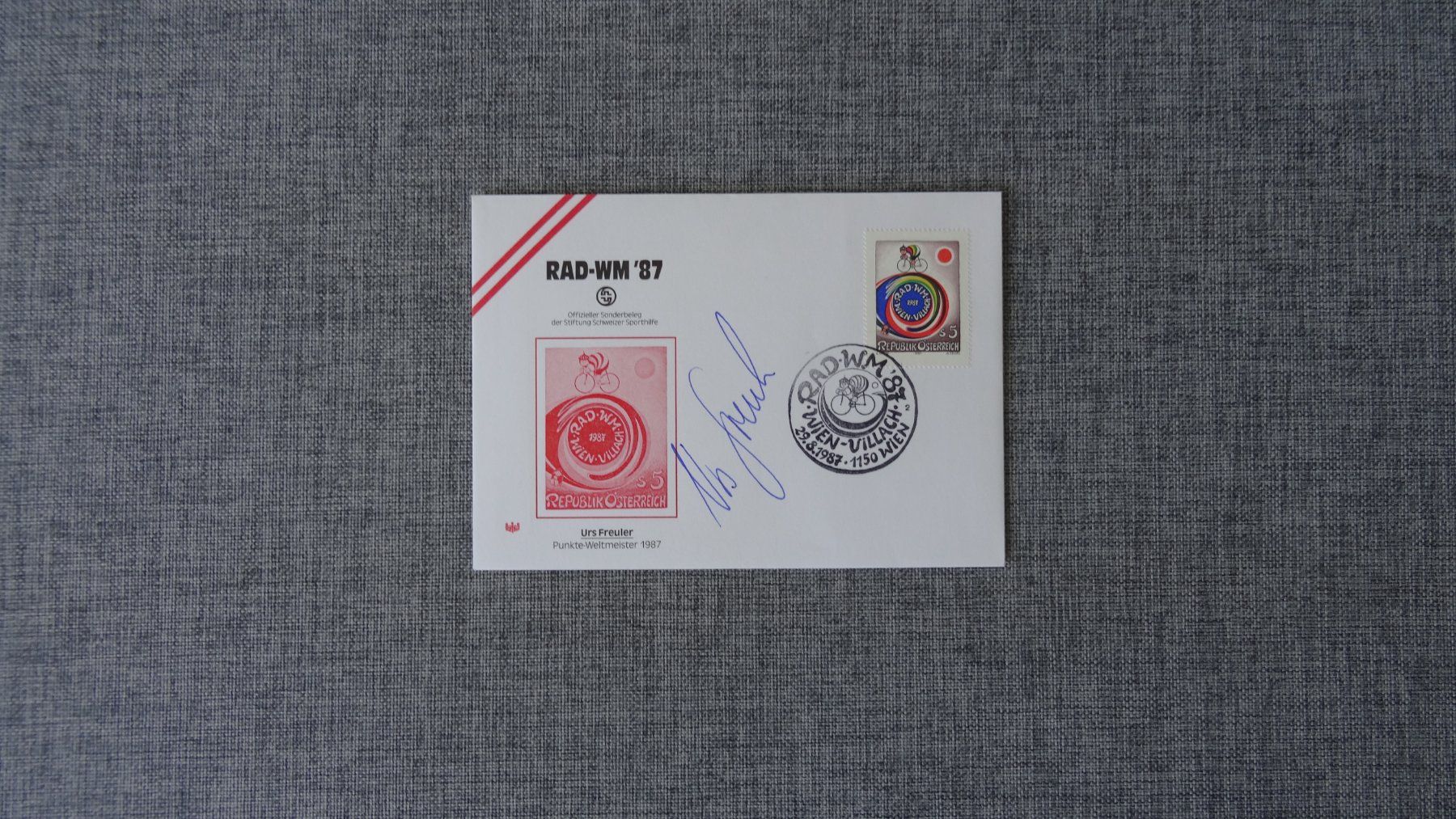 Tutti i francobolli: Couvert mit Briefmarke RAD-WM '87, Autogramm von Urs Freuler – Usato da Cham venduto da brire87