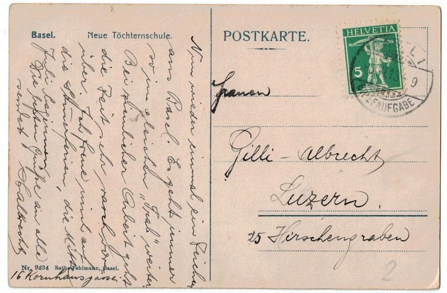 Cartoline postali: Basel, Neue Töchternschule, gelaufen 1913 – Usato da Frauenfeld venduto da POML 1